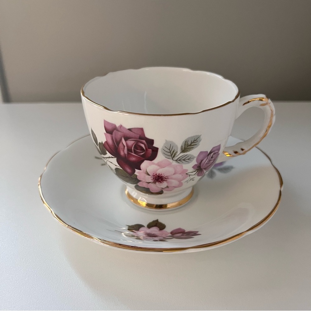 Vintage Delphine floral  Teacup and Saucer with Gold Trim